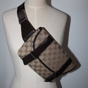 Gucci GG Monogram Canvas Brown Leather Waist Pouch Pak Sling Shoulder Bag Flap